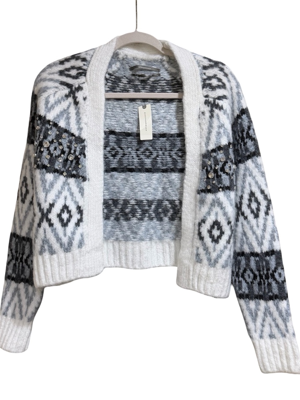 🩶 NWT Anthropologie Fair Isle Cardigan Grey Patte One Size Boho Sweater